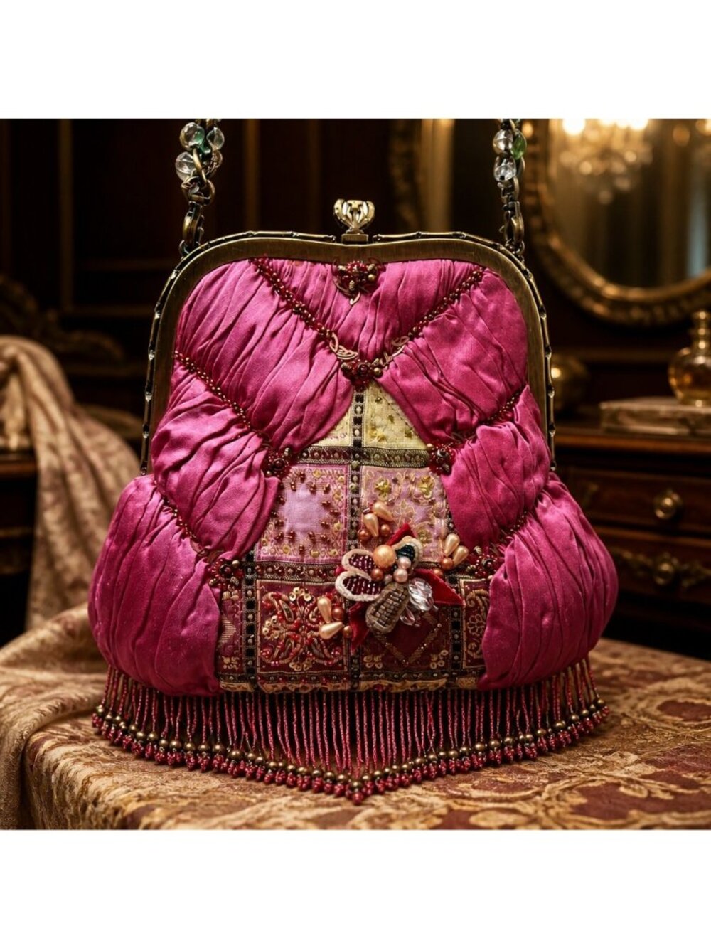 Mary Frances Embroidered Beaded Pink Evening Bag With Fringe & Chain Strap